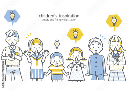アイデアを思いつく子供たち　シンプルでお洒落な線画イラスト
