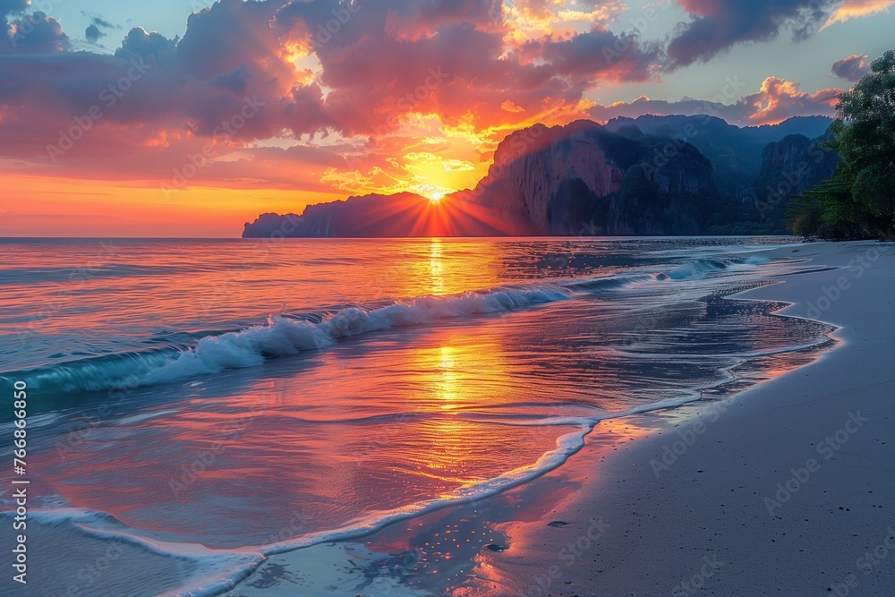 The sky is painted with hues of orange and pink as the sun sets over the ocean, casting a warm glow on the crashing waves and sandy beach - obrazy, fototapety, plakaty 