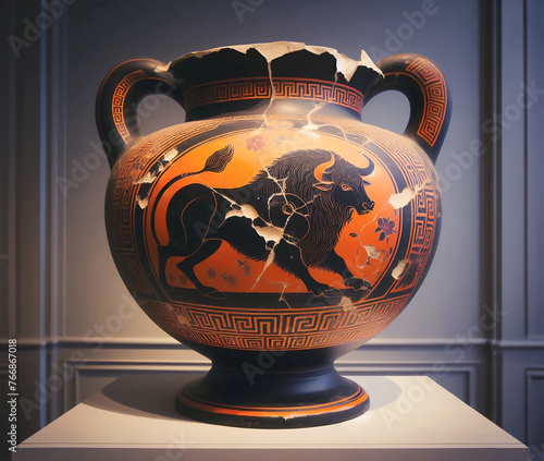 Antique greek amphora in black-figure style representing a bull from Crete. photo