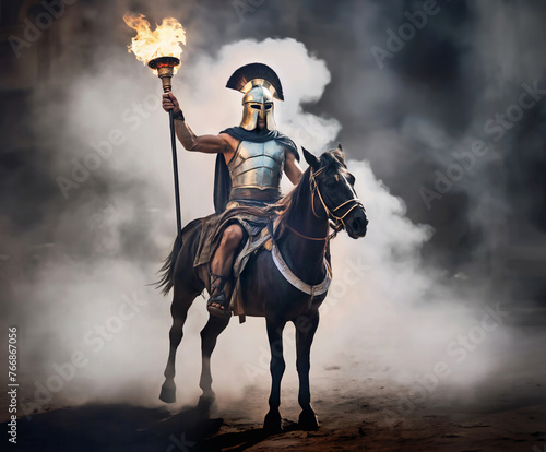Spartan warrior entering the arena on a horse during the Panhellenic games in ancient Greece.