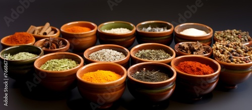 A variety of spices are stored in bowls, essential ingredients for creating flavorful dishes in various cuisines. These plantbased seasonings enhance the art of cooking comfort food