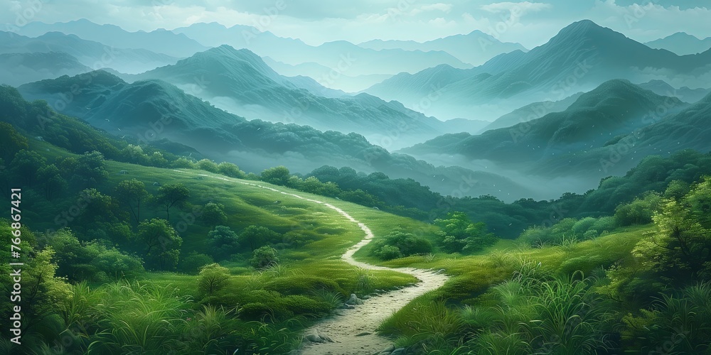 A dirt road meanders through a lush green valley under a cloudy sky, surrounded by towering mountains and dotted with various plants and trees