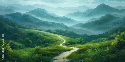 A dirt road meanders through a lush green valley under a cloudy sky  surrounded by towering mountains and dotted with various plants and trees