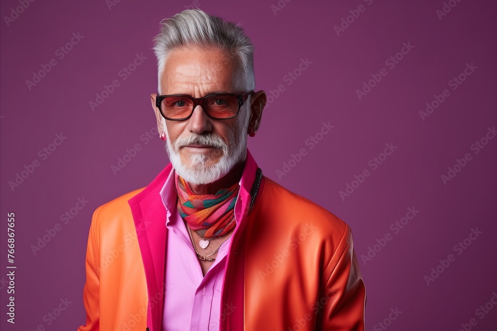 Portrait of a stylish senior man with gray hair wearing a bright orange jacket and sunglasses, standing against a purple background. Portrait of a stylish senior man with gray hair wearing a bright orange jacket and sunglasses, standing against a purple background.