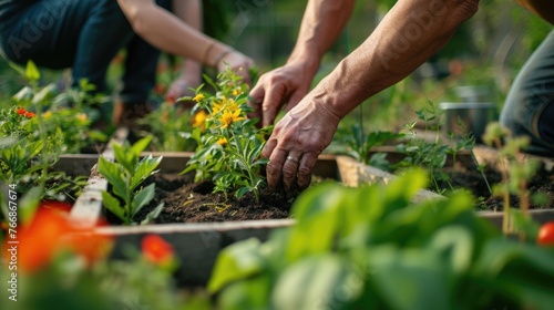 A group of people are collecting various plants such as flowers  grass  leaf vegetables  and shrubs in a garden. AIG41