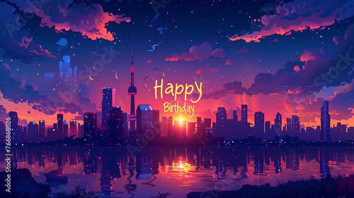 Vibrant sunset skyline birthday card