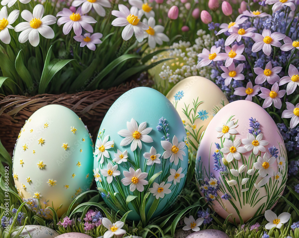 Easter colored eggs, flowers, a simple rustic background. Easter holiday. Generative AI Easter colored eggs, flowers, a simple rustic background. Easter holiday. Generative AI