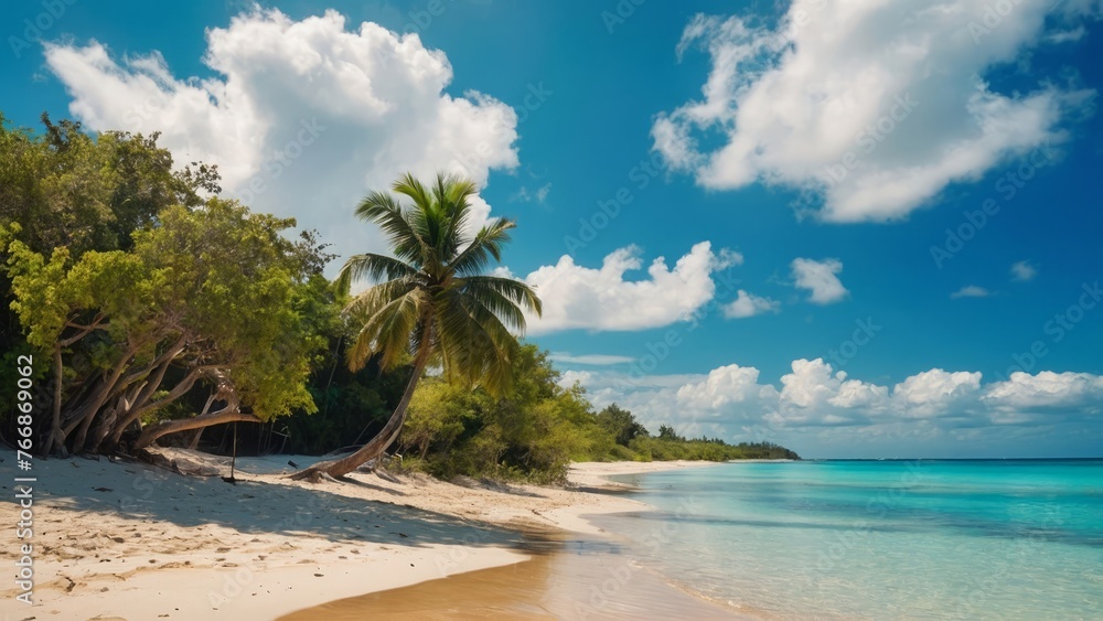 A serene beach scene with palm trees, clear turquoise water, and white sandy beach perfect for relaxation