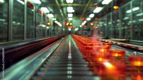Long exposure shot conveying motion on an industrial conveyor belt with rhythmic lights and forms