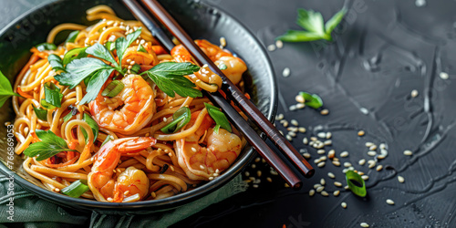 Asian Fusion: Spicy Shrimp Soba Noodles. A delectable bowl of spicy shrimp soba noodles, garnished with sliced scallions and chili, served with chopsticks.