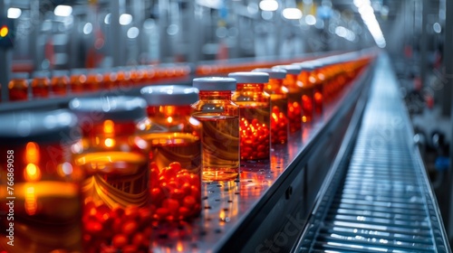 A close-up view of a production line with amber-colored bottles lit by bright orange lights