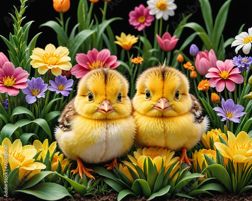 yellow chickens among flowers and Easter eggs on a wood background. Easter holiday. Generative AI © ASPmedia