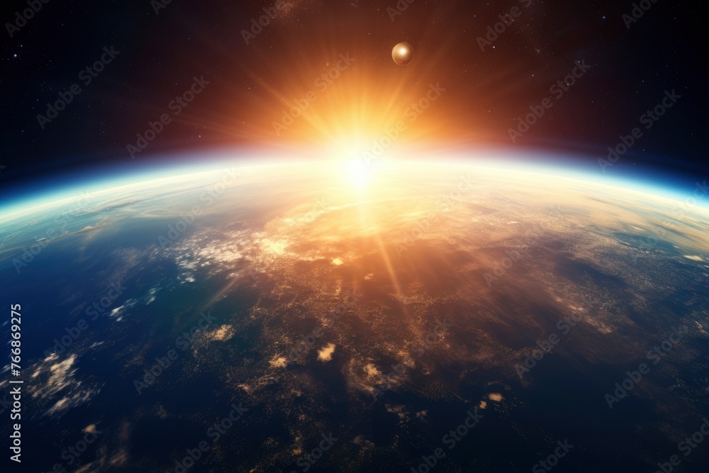 Panoramic view of the Earth, sun, star and galaxy. Sunrise over planet Earth, view from space - generative ai