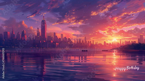 Vibrant sunset skyline birthday card