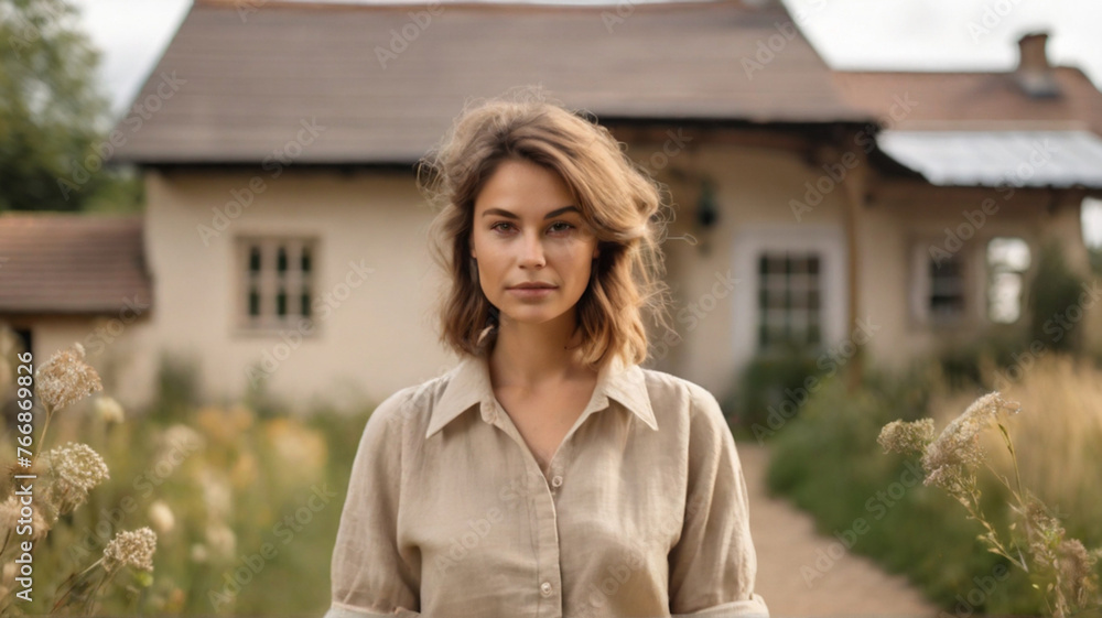 Natural beautiful Caucasian young woman with brown hair, wearing beige linen outfit, looking at camera, sustainable countryside lifestyle, slow fashion concept Natural beautiful Caucasian young woman with brown hair, wearing beige linen outfit, looking at camera, sustainable countryside lifestyle, slow fashion concept