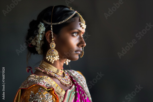 Woman in traditional Indian folk clothing and jewelry. She wears a patterned saree with a blouse, necklace, earrings, bangles and traditional bindi