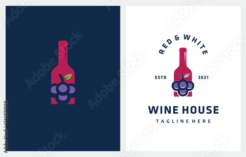 Grape Fruits Wine Bottle logo design icon illustration