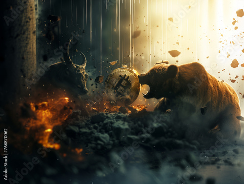 Bull and bear fighting for a Bitcoin coin