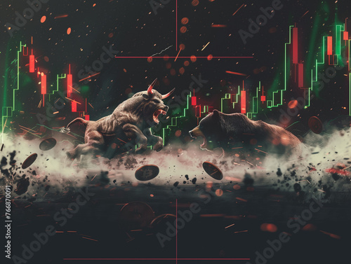 Bull and bear fighting with a market chart behind