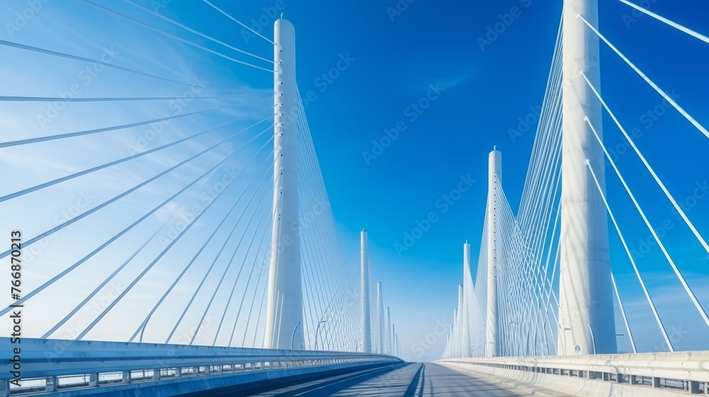 Obraz premium A High cable-stayed bridge with steel pylons. Backlight.