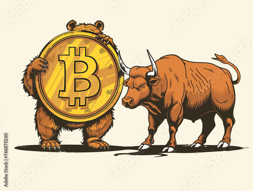 A cartoon drawing of a bear holding a big Bitcoin coin with a bull next to him