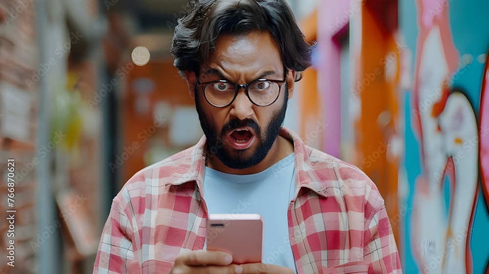 Indian guy staring at smartphone screen with angry face expression, get awful news in notice from bank, bad message, scam, fraud, screams due to short battery life, lagging phone, mobile  Ai Generated - obrazy, fototapety, plakaty 