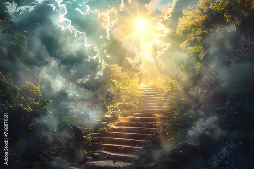A depiction of a stairway to heaven, representing the idea of meeting God and entering paradise. It symbolizes the concept of Christian faith and spirituality.