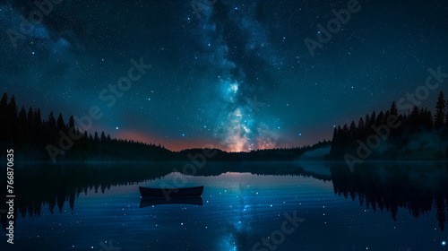 night scene with the Milky Way galaxy prominently visible in the sky, reflected in the still waters of a lake. silhouette of a boat in the lake. The horizon is lined with the silhouette of a forest