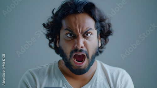 Indian guy staring at smartphone screen with angry face expression, get awful news in notice from bank, bad message, scam, fraud, screams due to short battery life, lagging phone, mobile  Ai Generated © Hamid