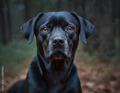 Black adult Labrador dog close-up in the forest alone