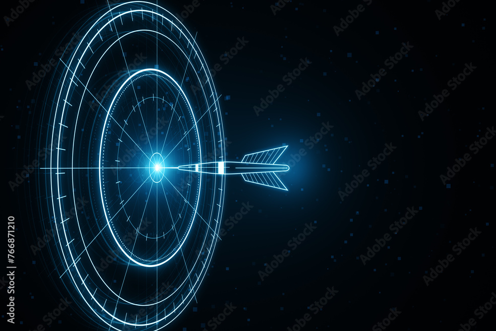 Obraz premium Abstract digital radar and arrow design in neon blue on dark background, concept of navigation. 3D Rendering