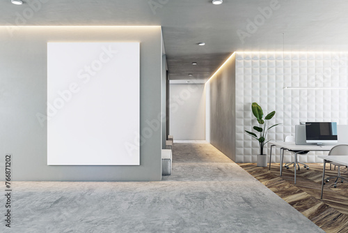 Modern office interior with a clean design, a desk with a computer, empty white poster on the wall, and decorative lighting. 3D Rendering