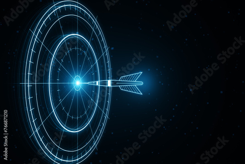 Abstract digital radar and arrow design in neon blue on dark background, concept of navigation. 3D Rendering photo