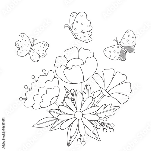 Simple childrens coloring page with cute flowers and butterflies. Vector illustration with silhouette of plants, spring drawing.