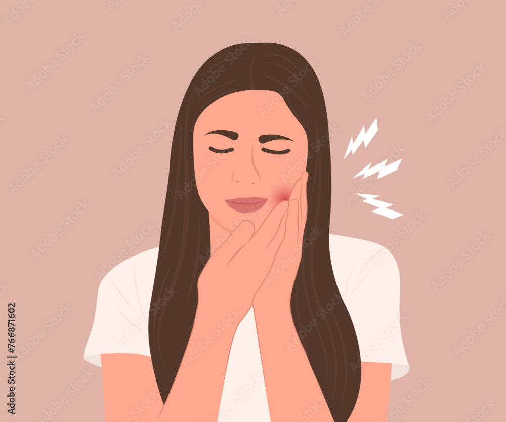 Beautiful young woman suffering from toothache, dental health problems or gingivitis.Vector illustration. Beautiful young woman suffering from toothache, dental health problems or gingivitis.Vector illustration.
