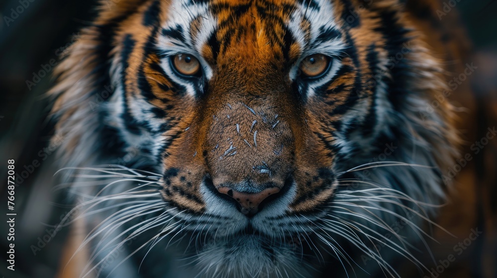 Naklejka premium Tiger's intense gaze in dramatic lighting