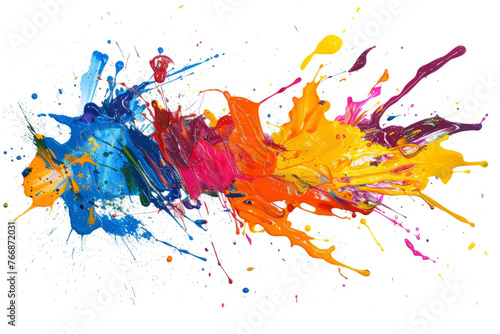 Vivid acrylic paint splatter , bold and spontaneous splashes creating abstract pieces on white.