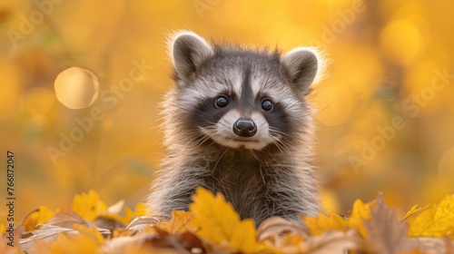 Adorable raccoon in autumn leaves portrait