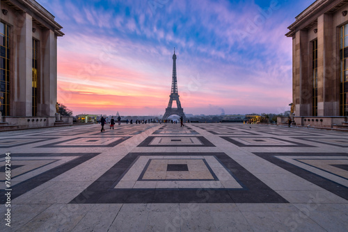 Eiffel Tower at sunrise seen from Place du Trocadero in Paris, France photo