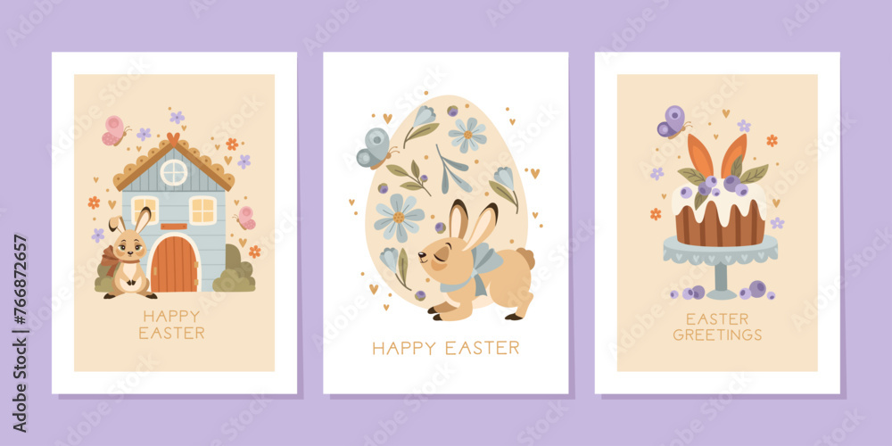 Cute Easter cards with hand drawn Bunnies, flowers and other spring elements.