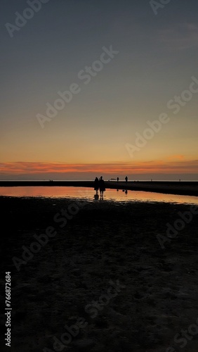 People silhouette are experiencing pure joy as they gather on the beach, delighting in the mesmerizing sunset.