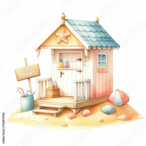 Beach hut selling cold drinks. watercolor illustration, Perfect for nursery art, having summer vacation clipart. © JR BEE