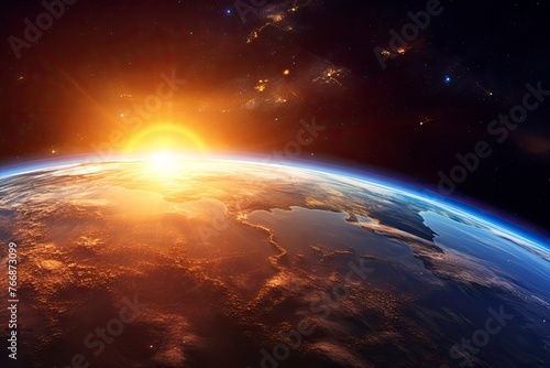 Panoramic view of the Earth  sun  star and galaxy. Sunrise over planet Earth  view from space - generative ai