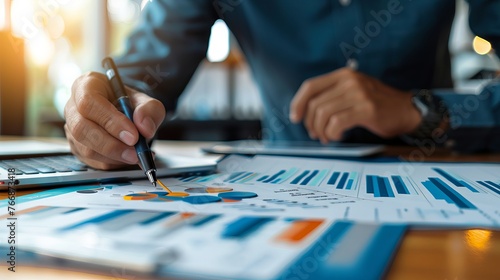 Businessman analyzing financial growth and investment data with strategy plan on blue background