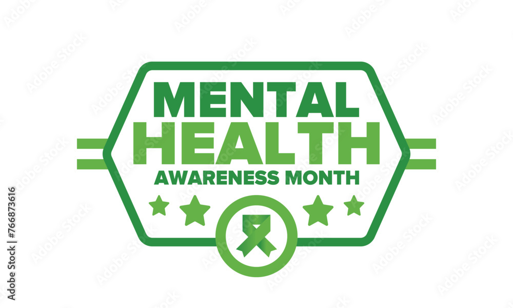 Mental Health Awareness Month in May. Annual campaign in United States. Raising awareness of mental health. Control and protection. Prevention campaign. Medical health care design. Vector illustration Mental Health Awareness Month in May. Annual campaign in United States. Raising awareness of mental health. Control and protection. Prevention campaign. Medical health care design. Vector illustration