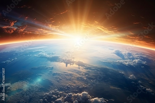 Panoramic view of the Earth, sun, star and galaxy. Sunrise over planet Earth, view from space - generative ai © Nia™