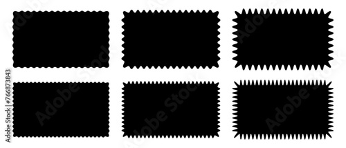 Set or rectangle shapes with wiggly borders. Empty tag, price sticker, stamp, sale coupon, promo code label templates with wavy edges isolated on white background. Vector flat illustration.