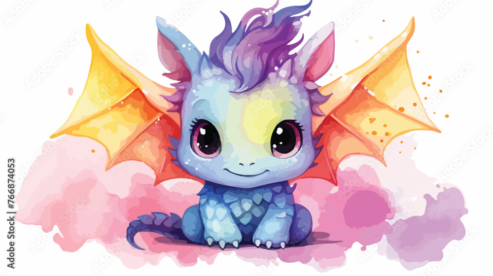 Colorful watercolor cute baby dragon character illustration