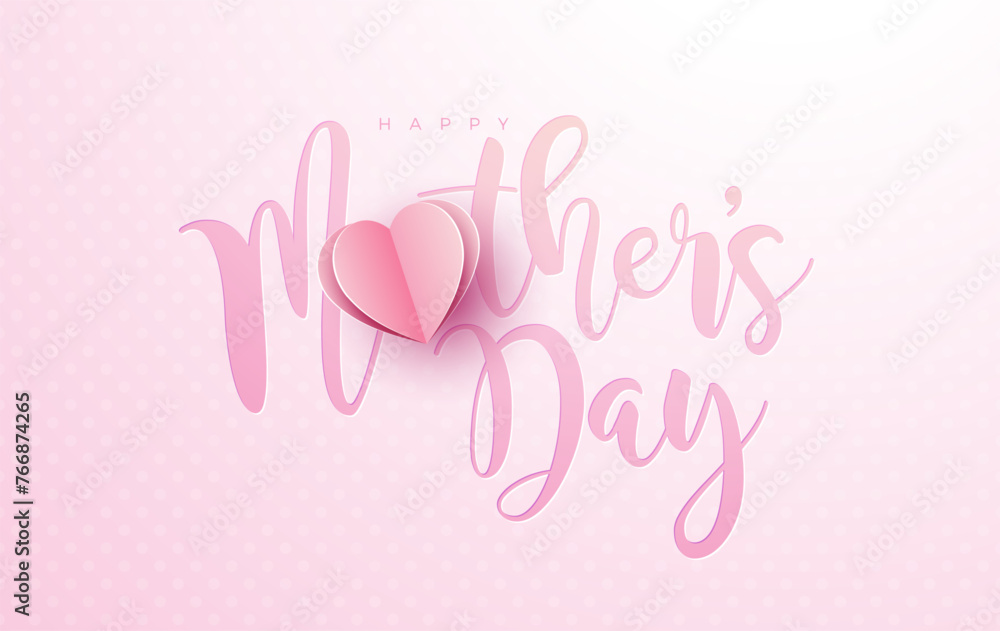 Happy Mother's Day Banner or Postcard with Paper Hearts and Typography Letter on Pink Background. Vector Mom Celebration Design with Symbol of Love for Greeting Card, Flyer, Invitation, Brochure