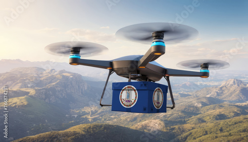 Package cardboard box with flag Virginia drones fly above sky, business concept and air transportation industry, unmanned aircraft robot to home,and controlled by remote AI